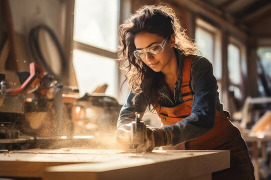 Beautiful Latin woman carpenter using power tools working her wood job