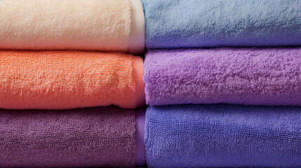 Six soft, folded terrycloth towels in distinct yet complimentary colors - obrazy, fototapety, plakaty