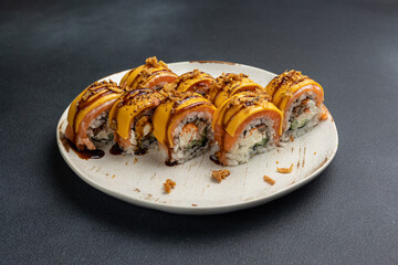 Japanese cuisine. Delicious Rolls with salmon and cheese
