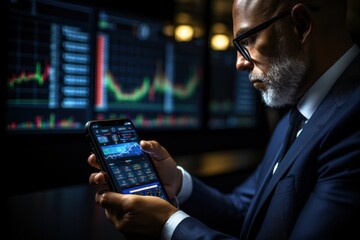Crypto trader investor broker holding finger using cell phone app executing financial stock trade market trading - obrazy, fototapety, plakaty