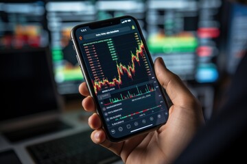 Fototapeta na wymiar Crypto trader investor broker holding finger using cell phone app executing financial stock trade market trading
