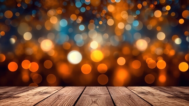3d christmas background with wooden table looking out to a bokeh lights design. Generative AI