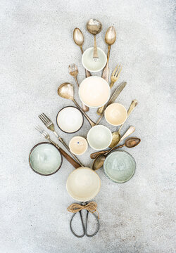 Rustic Kitchen Utensils and Bowls Flat Lay in a christmas tree shape