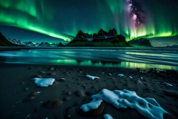Immerse yourself in the surreal beauty of the green aurora borealis dancing gracefully above a snowy Icelandic mountain range, with Vestrahorn mountain and a black sand Stockness beach .