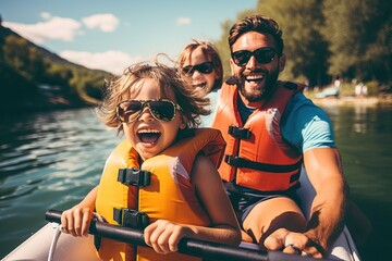 Happy family with two kids enjoying kayak ride on beautiful river.