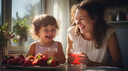 Happy laughing toddler girl and her beautiful young mother making fresh