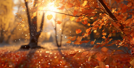 Autumn Leaves and Trees - Fall Panorama with Sunlight and Water Drops
