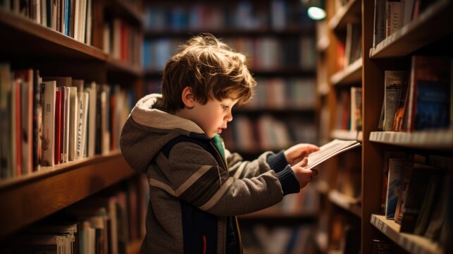 A young child in sweater selects a book from shelves in a library, the essence of early education and the joy of reading captured in his focus. Ai generated