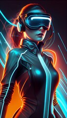 Portrait of young woman in VR glasses headset on fantastic neon glow background. Virtual reality futuristic concept.