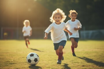 Kids play football on outdoor field. Children score a goal at soccer game.