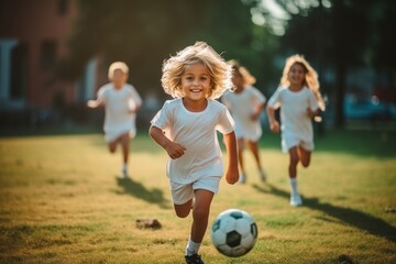 Kids play football on outdoor field. Children score a goal at soccer game.