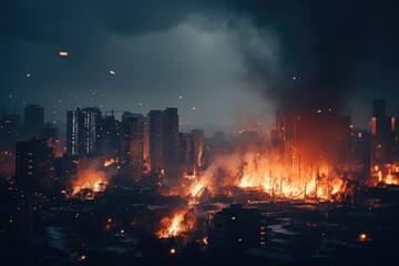 Fototapeta na wymiar A city engulfed in flames and billowing smoke. Suitable for illustrating disasters, urban chaos, or climate change.