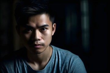 Fototapeta premium Portrait of a serious young Asian man, AI