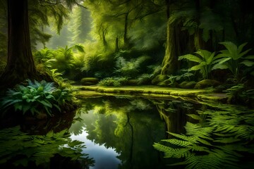 A tranquil pond surrounded by vibrant ferns, their lush greenery reflecting in the still waters on a peaceful spring morning.