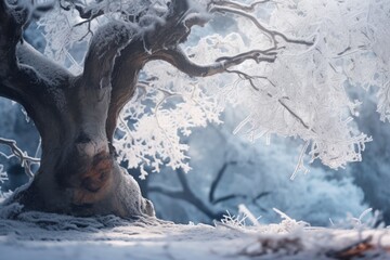 A snow-covered tree standing alone in the middle of a forest. This image can be used to depict the beauty of winter landscapes or the tranquility of nature in the snowy season.