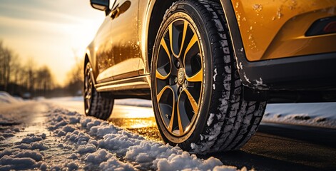 close-up of a car tire driving on a snowy city road illuminated by street lamps - obrazy, fototapety, plakaty