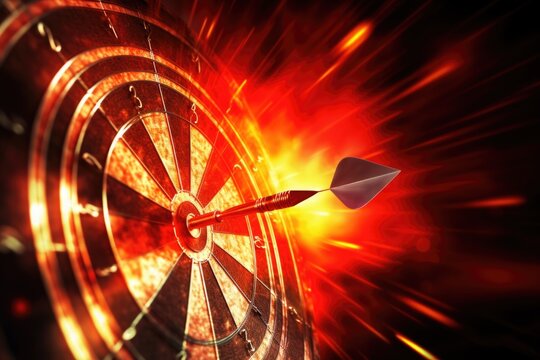 A dart hitting the center of a bulls eye target. This image can be used to depict accuracy, success, goal achievement, or competition.