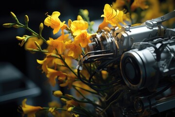 A close-up view of a camera with vibrant yellow flowers. Perfect for photography enthusiasts and nature lovers. - Powered by Adobe