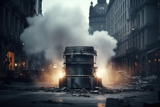 A black trash can sitting on top of a pile of rubble. This image can be used to represent waste management, environmental issues, or a disorganized and messy situation.