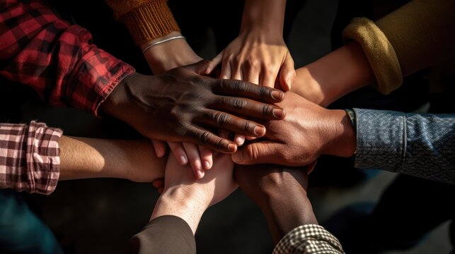 Diverse hands come together in unity, symbolizing teamwork and solidarity. A powerful image of cooperation and mutual support among individuals of different backgrounds.Ai generated