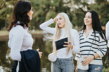 Female student reacting to good or bad unexpected news by her colleague about the university project.