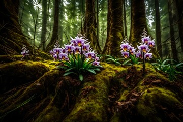 Wild orchids peeking out from a bed of emerald moss, adding a touch of elegance to the forest floor.