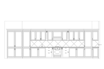 Kitchen interior furniture isolated on transparent background, outline illustration, sketch