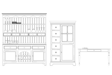 Kitchen interior furniture isolated on transparent background, outline illustration, sketch