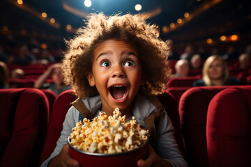 African-American toddler boy impressed with mouth wide open. Enjoy watching horror movie or thriller in the cinema hall. Bright facial expression, human emotions first time in cinema concept - obrazy, fototapety, plakaty