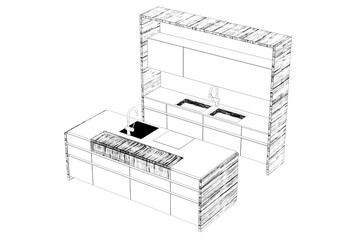 Kitchen interior furniture isolated on transparent background, outline illustration, sketch