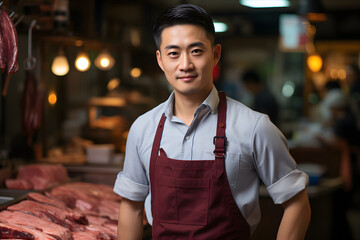 Fototapeta premium An Asian male butcher with beautiful smile on face looking in the camera wearing red apron standing in the kitchen of meat cutting company 