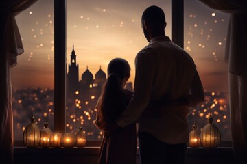Ramadan Kareem greeting. Family at window looking at Islamic city with mosque skyline, crescent moon and stars. - obrazy, fototapety, plakaty