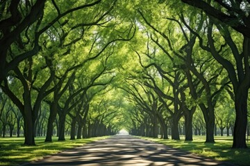 A scenic view of a road lined with trees in a park. Perfect for nature and outdoor enthusiasts.