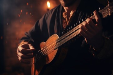 A man is seen playing a guitar in a dimly lit room. This image can be used to depict a musician practicing or performing in a moody setting. - obrazy, fototapety, plakaty