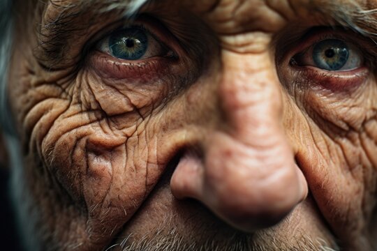 A close-up view of a person's face with noticeable wrinkles. This image can be used to depict the natural aging process or to illustrate the concept of wisdom and experience.