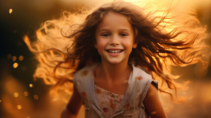happy smiling child running on defocused bokeh flare beach background at sunset