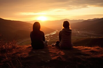 Two women sitting on a hill, enjoying the view of a beautiful sunset. Perfect for travel, friendship, and relaxation concepts.