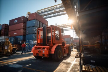 Reach stacker truck heavy lifting equipment at container yard.