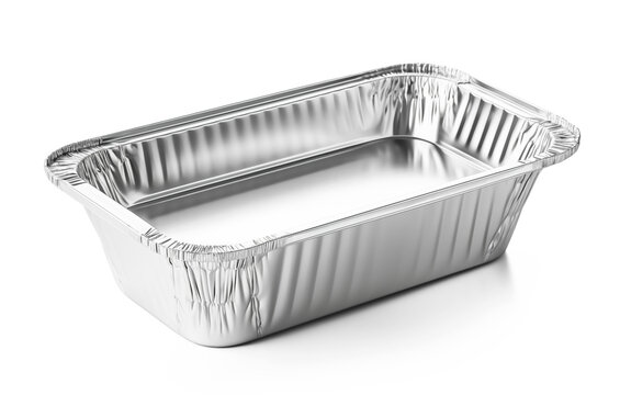 Disposable aluminum foil container dish cooking trays isolated on transparent background, png. The rectangular shape of the foil for food. Aluminum utensils for baking.