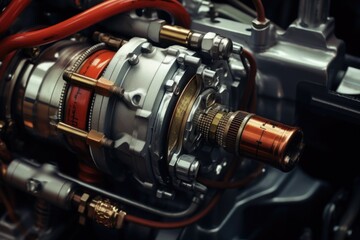 Fototapeta premium A detailed close up view of a motor engine. Ideal for automotive industry publications and websites.