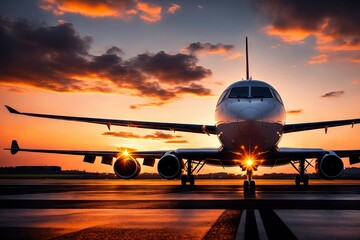 Passenger plane against sunset background. Generative AI. - obrazy, fototapety, plakaty