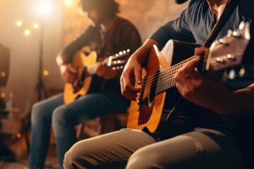 A group of people sitting down and playing guitars. This image can be used to depict a band practice, a music lesson, or a casual jam session. - obrazy, fototapety, plakaty