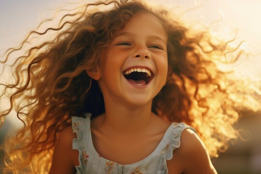 A picture of a happy little girl with beautiful long curly hair.