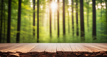 Forest canopy above rustic wooden planks; great for nature products. - obrazy, fototapety, plakaty