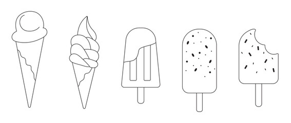 Set of isolated sweet various ice cream with cones in outline style on white background for icons, patterns, wallpapers, backgrounds