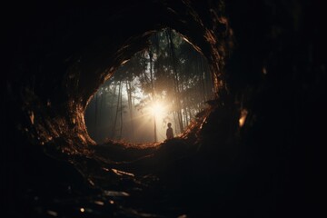 A person is standing in a dark forest with the sun shining through the trees. This image can be used to portray solitude, nature, and the beauty of sunlight filtering through trees