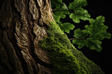 A detailed view of a tree trunk covered in vibrant green moss. This image can be used to depict the beauty and tranquility of nature