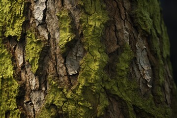 A detailed view of a tree trunk covered in lush green moss. This image can be used to depict...