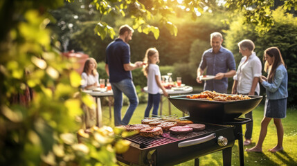Fototapeta na wymiar Holiday party family group spending time with friends outdoors grilling food and barbecuing.