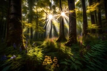 Sunbeams breaking through the thick canopy, spotlighting a patch of vibrant wildflowers in the heart of the forest.